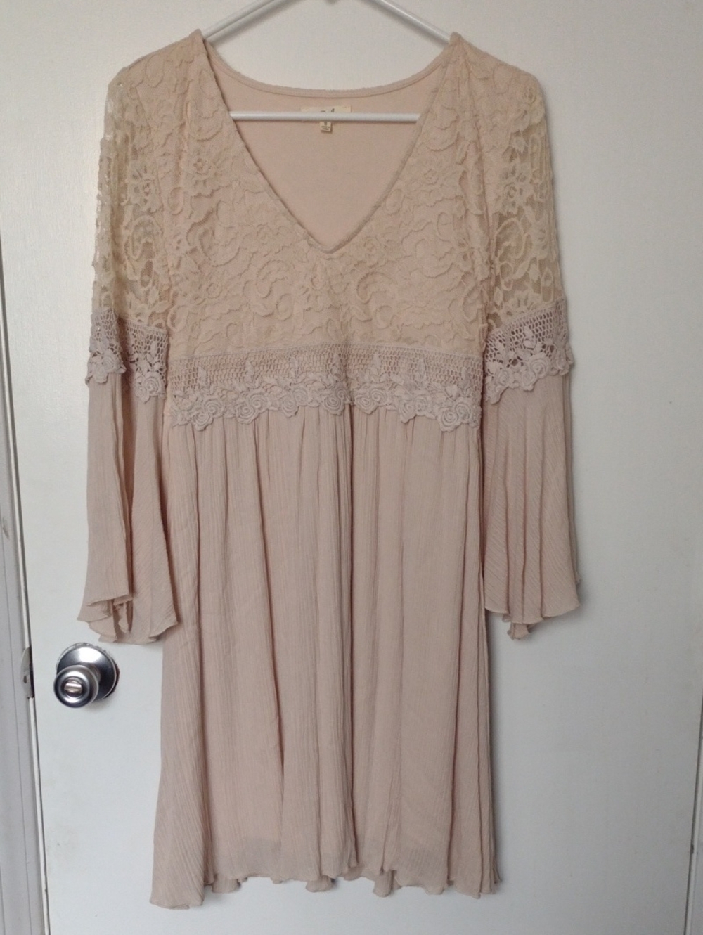 NEW Beige Tan Boho Bell Sleeve Crochet Lace Babydoll Dress Size Small